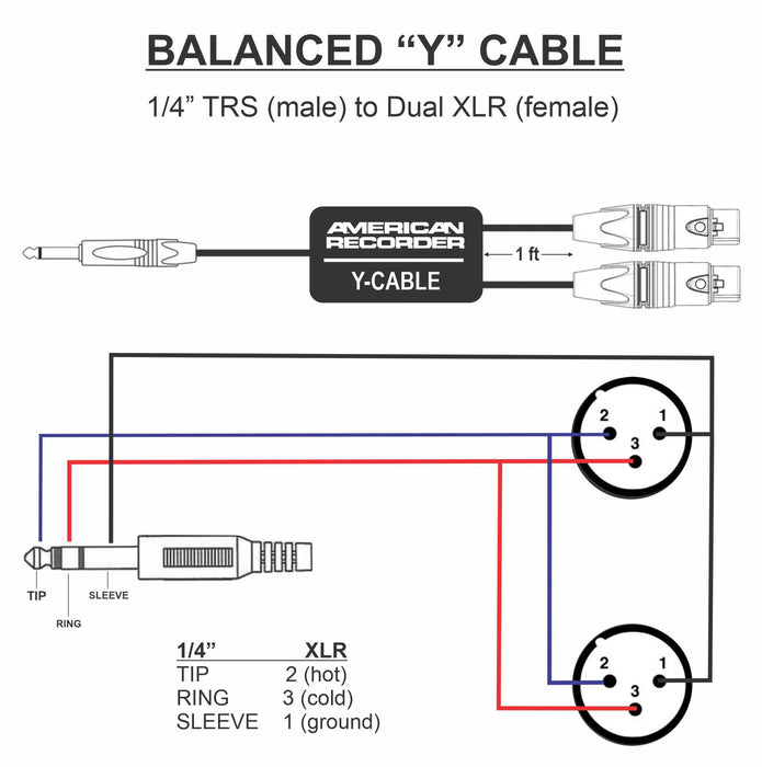 PRO Series Y Cable - Balanced 1/4" TRS Male to Dual XLR Female - AMERICAN RECORDER TECHNOLOGIES, INC.