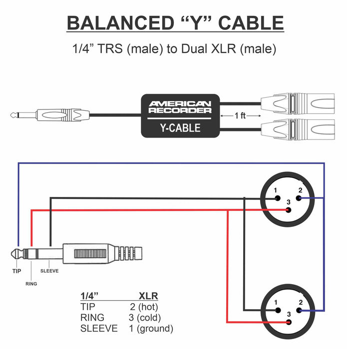 PRO Series Y Cable - Balanced 1/4" TRS Male to Dual XLR Male - AMERICAN RECORDER TECHNOLOGIES, INC.